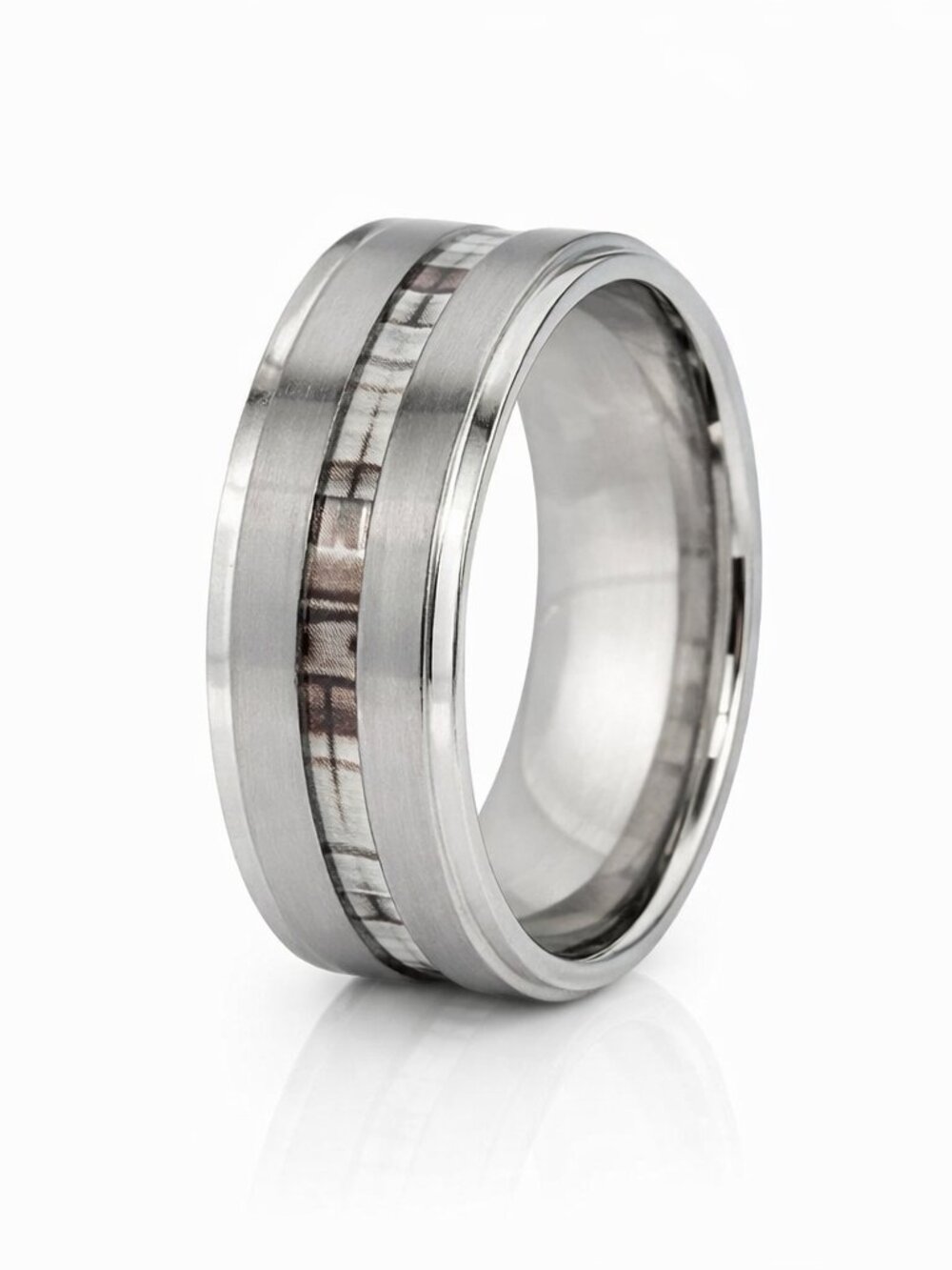 Size 11 Silver Stainless Steel 8mm Wedding Band w/ Brown-White Inlay